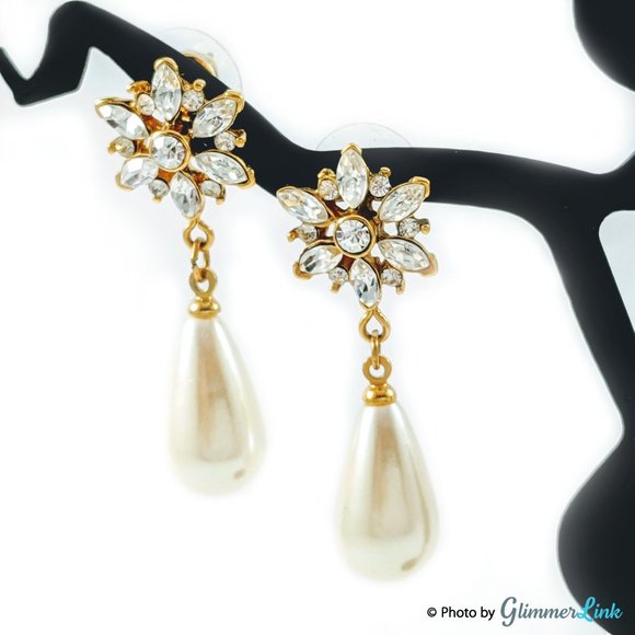 Jewelry - Floral Teardrop Crystals & Faux Pearl Dangle Earrings